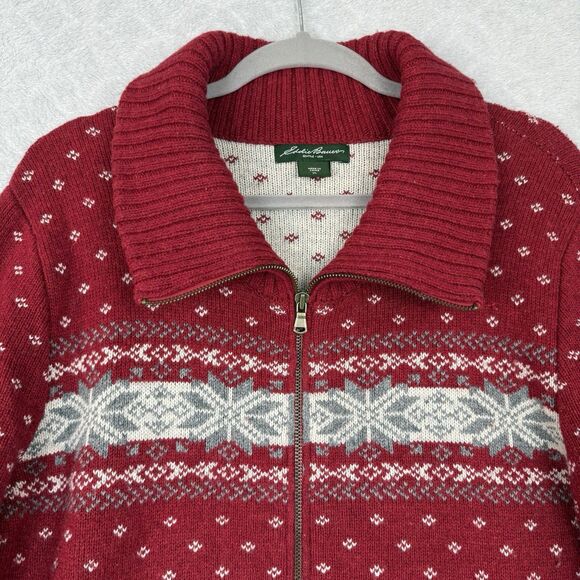 Eddie Bauer Wool Blend Sweater Womens XL Red Zip Fair Isle Nordic Cabincore Cozy - Picture 2 of 11